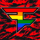 FaZe Clan's logo is in rainbow colors and sits in front of a red and black patterned background.